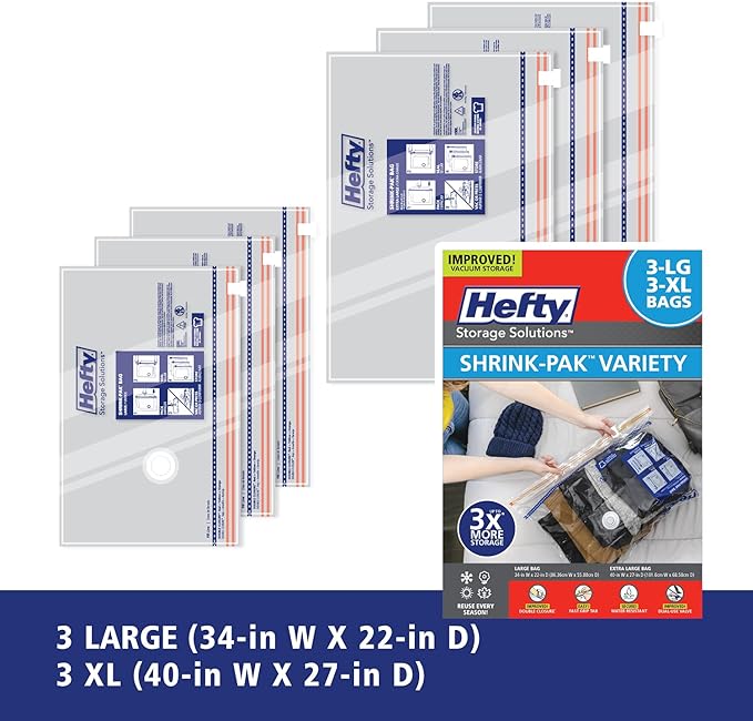 Hefty Shrink-Pak Vacuum Storage Bags - Space Saver for Under Bed Storage, Clothing and Comforters, Odor Resistant, 3X More Storage Space - 3 Large, 3 XL Bags (Pack of 18)
