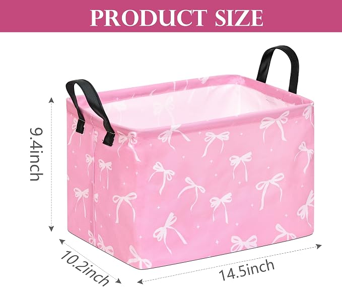 Baby Storage Basket Nursery Box Laundry Hamper Organization Bins for Toys and Clothes with Handles (Pink Bow)
