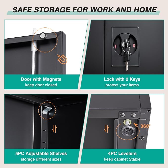 Wide & Deep Metal Storage Cabinet with Lock & 5 Shelves,72" Black Garage Storage Cabinet with Locking Doors,Lockable Cabinets for Home,Office,Garage,Shop,Basement 72x36x18