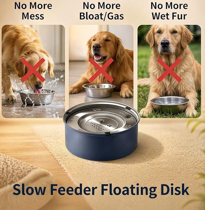 No Spill Dog Water Bowl for Messy Drinkers, 101oz Large Stainless Steel Dog Water Bowl, Floating Slow Drinking Dog Bowl, Splash Proof Dog Bowl with Filter