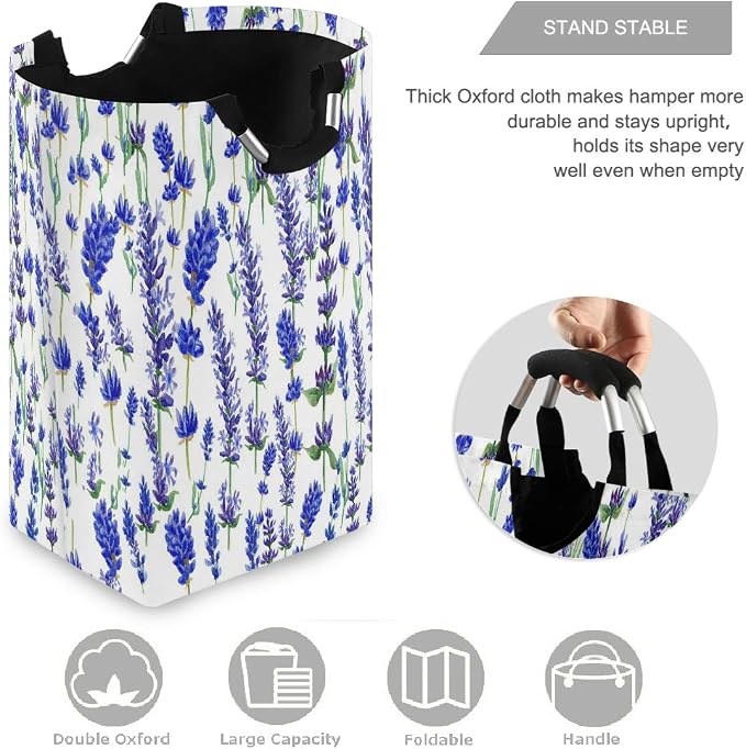 visesunny Collapsible Laundry Basket Purple Lavender Flower Large Laundry Hamper with Handle Toys and Clothing Organization for Bathroom, Bedroom, Home, Dorm, Travel