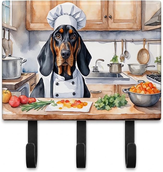 Caroline's Treasures Black and Tan Coonhound The Chef Leash or Key Holder Wall Hooks, Key Hooks Holder, Coat Rack Wall Mount, Coat Hooks, Hooks for Hanging Keys, Towels, Aprons, Leashes | Black and Tan Coonhound The Chef artwork on ceramic tile with th...
