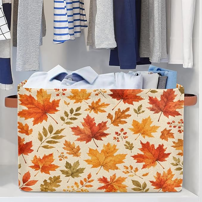 Leaf Fall Basket Storage Bins Rectangle Canvas Basket Cube Storage Box | Nursery Foldable Basket with Handle for Kids Girls Boys Toys Living Room Closet Organizer Shelf Gifts Autumn Fall