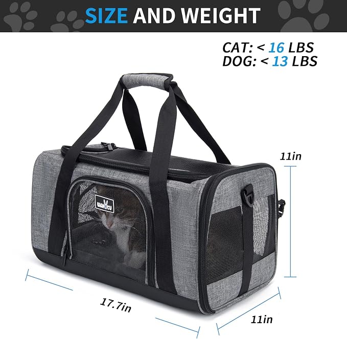 Wakytu Cat Carrier Soft for Medium or Large Cats for Car Travel Camping | 3 entrances & 5 vents, waterproof rip-stop, anti-escape locks, padded strap,dog carriers for small dogs