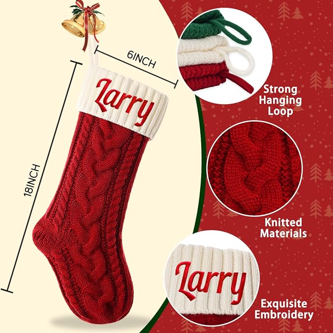 Personalized Christmas Stockings, 18" Large Custom Knit Christmas Stockings with Embroidery Name, Color-Contrast Twisted Stocking for Xmas Holiday Decoration(1 Pcs)