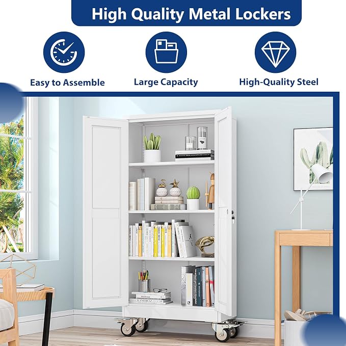 Ckzbx Metal Garage Storage Cabinet with Locking Doors and Adjustable Shelves,61" H Rolling Tool Storage with Wheels for Garage,Office (White)