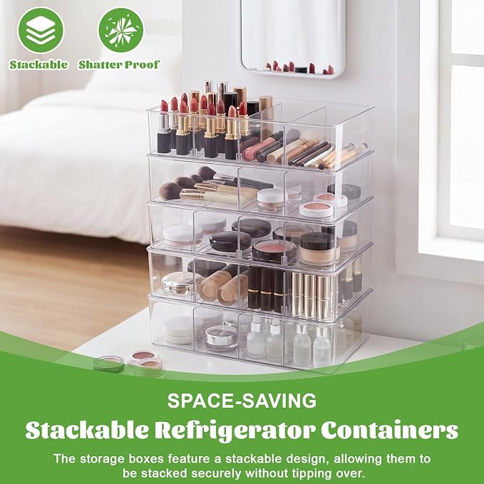 Mifoci 16 Pcs Snack Pantry Organizer and Storage, Clear Plastic Storage Bin for Pantry Shelf with 3 Divider & No Divider, Stackable Container Box with Handle for Kitchen Cabinet Fridge Closet Bathroom