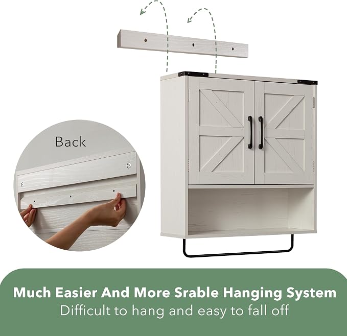 24" Bathroom Wall Cabinet with Barn Doors, Towel Bar & Sensor Light | 3-Color Motion Sensor LED / Double Barn Doors / Adjustable Shelf / Open Shelf / Built-in Towel Bar / Farmhouse Style