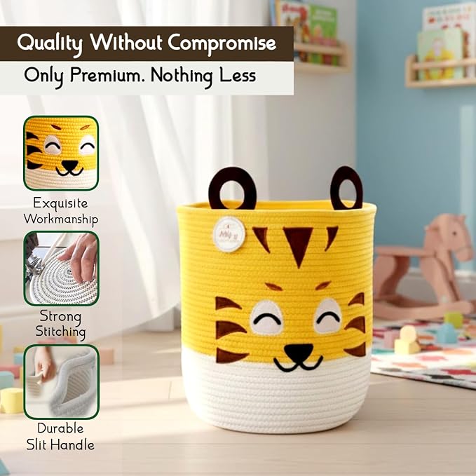 Storage Basket | 25L Woven Cotton Rope Bin with Tiger Design, Cutout Handles | Foldable & Decorative Home Storage Organizer for Laundry, Clothes & Household Items | Multi-Purpose Storage (Tiger)