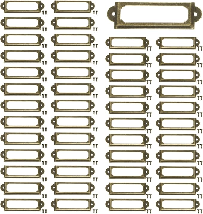 50 Pcs Label Holders Library File Drawer Tags Label Holder Metal Frame Name Card Frame for Drawer Cabinet (Bronze)