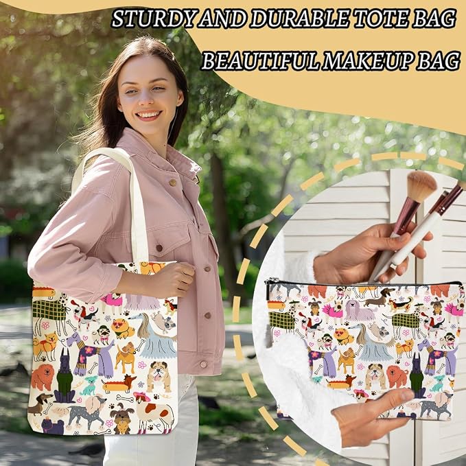 Aesthetic Dog Gifts Dog Mom Gifts for Women, Dogs Lover Pet Owner Girls Sister Makeup Bag Canvas Tote Bag, Reusable Grocery Bags with Inner Pocket for Shopping Birthday Christmas Friendship Wedding