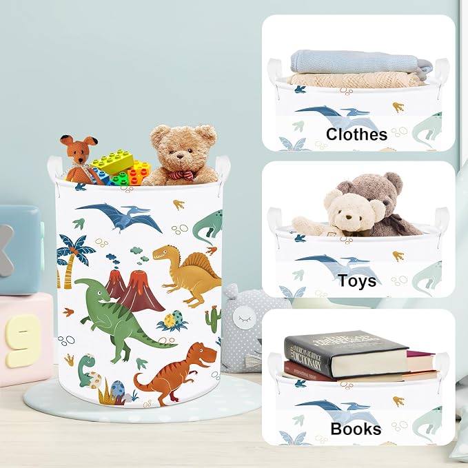 Clastyle Large Boho Dinosaur Pterosaur Boy Book Toy Storage Basket Dino Palm Tree Clothes Laundry Hamper for Kid Room Nursery, Colorful 45L
