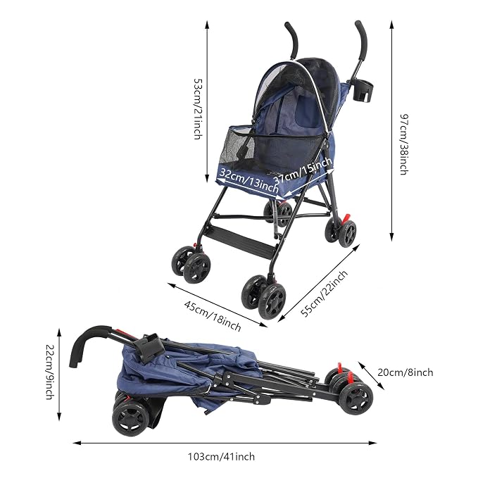 4 Wheels Pet Stroller with Waterproof Cover | Easy-Fold Travel Carrier | Pet Strolling Cart for Small/Medium Dogs and Cat | with Storage Pocket, Cup Holder & Breathable Mesh | for All-Season (Blue)