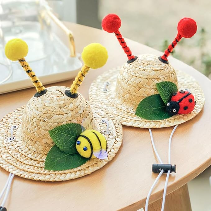 DOITOOL Creative Bee-Shaped Pet Straw Hat for Cats and Dogs, Summer Decorative Pet Hat Made of Wheat Straw, for Halloween Party and Holiday Costume Accessory