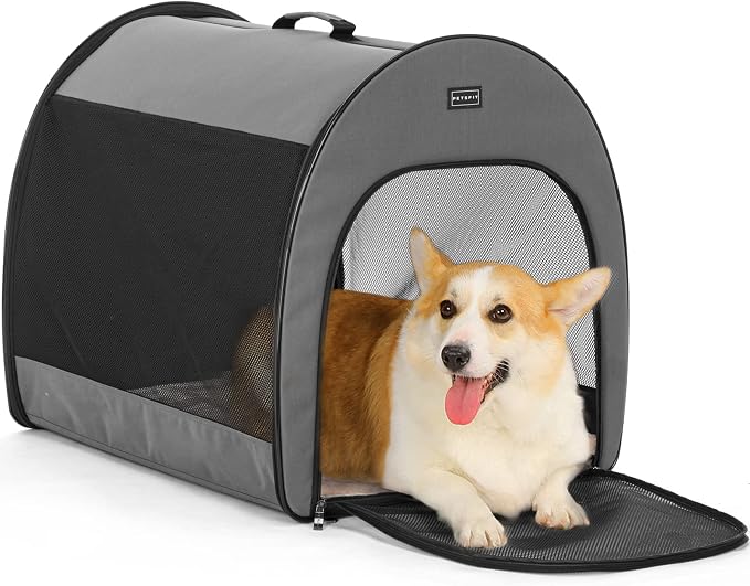 PETSFIT Soft Dog Crate, Dog Travel Crate - 26.5 Inch Lightweight, Roomy, Easy to Set Up, Portable Pop Up Dog Carrier with Thick Mat, Sturdy Soft Sided Dog Crate, Grey