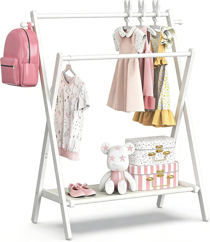 BAMBOOHOMIE Kids Clothing Rack, Small Clothes Rack for Toddler Pets, Kids Dress Up Rack with Storage Shelf & Double Rods, Foldable Kids Clothes Rack for Nursery Child's Room (Regular Size - White)