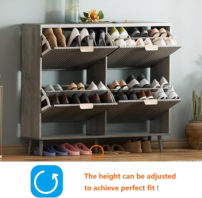 Shoe Cabinet Storage,Modern Freestanding Organizer with 4 Flip Drawers,Narrow Shoe Rack Cabinet for Entryway,Grey