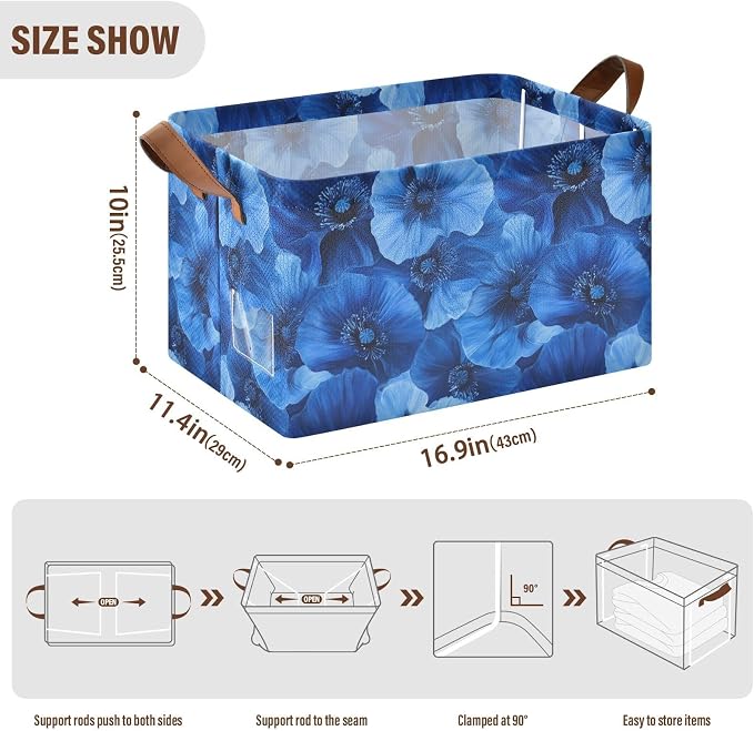 Cobalt Blue Poppy Flower Deep Blue Storage Bins for Shelves with Labels&Handles Fabric Organizer Bin Foldable Rectangle Storage Basket Boxes for Closet, Bathroom, Home, Living Room