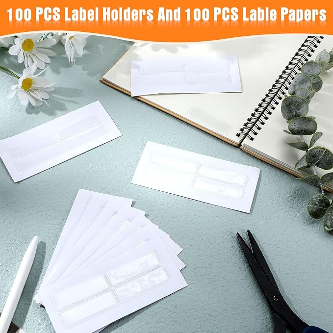 Meetory 100 Pcs Self Adhesive Label Holders Shelf Tag with Blank Index Cards; 4.3" x 1.2" Labels for Storage Bins Index Card Pockets for Supermarket Bookshelf Mailbox Business Kitchen