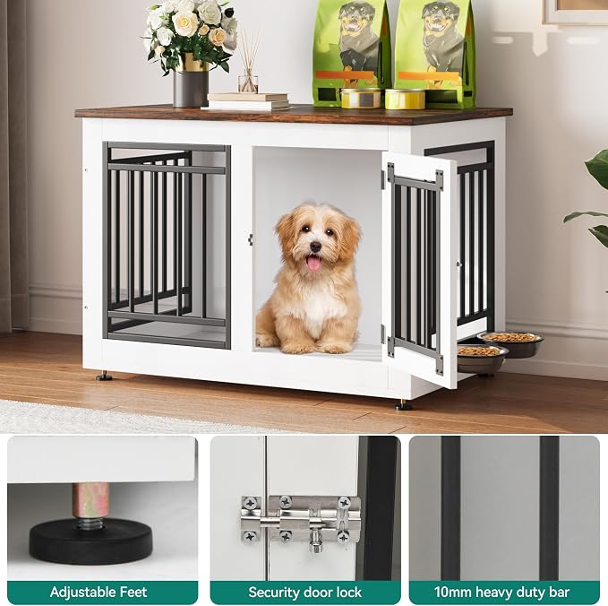 YITAHOME 28" Dog Crate Furniture, Wooden Side End Table with Adjustable Feet and Removable Bowls, Dog Kennel Indoor for Small Dogs | Wooden Side End Table, Dog Kennel Indoor for Small Dogs