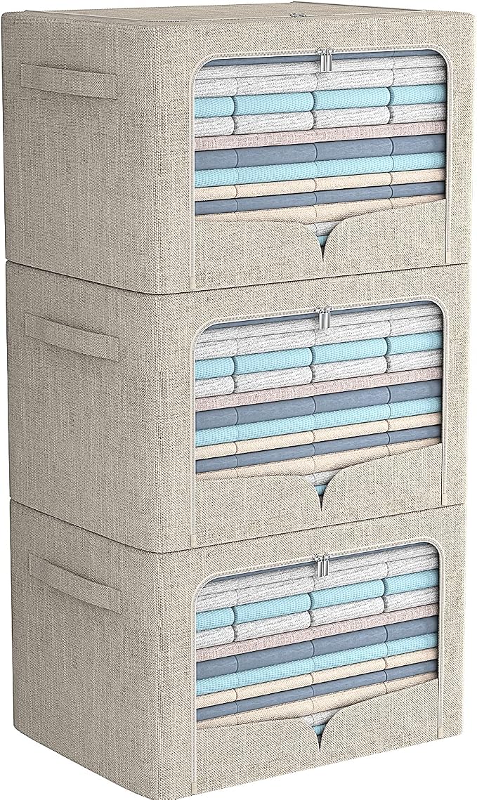 FHSQX 3 Pack Clothes Storage Bins - Foldable Metal Frame Storage Box - Stackable Linen Fabric Container Organizer Set with Carrying Handles and Clear Window (Beige, 19.7x15.7x13inch(66L))