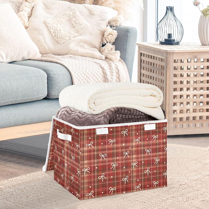 Christmas Fabric Storage Bins with Lid Foldable Cube Storage Boxes Baskets | Decorative Storage Boxes, 300D Oxford Cloth, Hollow Board Frame, Flip Top Velcro Lid, 16.5x12.6x11.8 inch, Collapsible Design