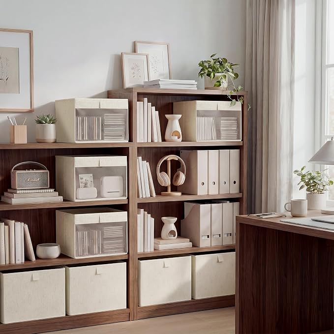 StorageWorks Linen Closet Organizer Storage Bins, Oatmeal Color, 3-Pack | Cotton Linen Fabric, See-Through Mesh Front, Soft Leather Handles, Flip to Show/Hide, Holds Clothes, Towels, Blankets, Toys