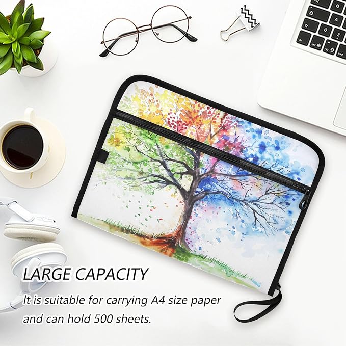 13 Pocket Zipper Expanding File Folder A4 Colorful Tree of Life | Accordion File Organizer with Front Pouch A4 Letter Size Portable Folders for Documents Receipt School Office Supplies