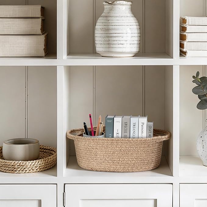 Small Brown Woven Basket, 13"x 9"x 5" Gift Basket Empty, Cotton Rope Kid Dog Cat Toy Bin Box, Cute Oval Baby Nursery Easter Organizer, Decorative Wicker Look Storage, Brown Living Room Decor
