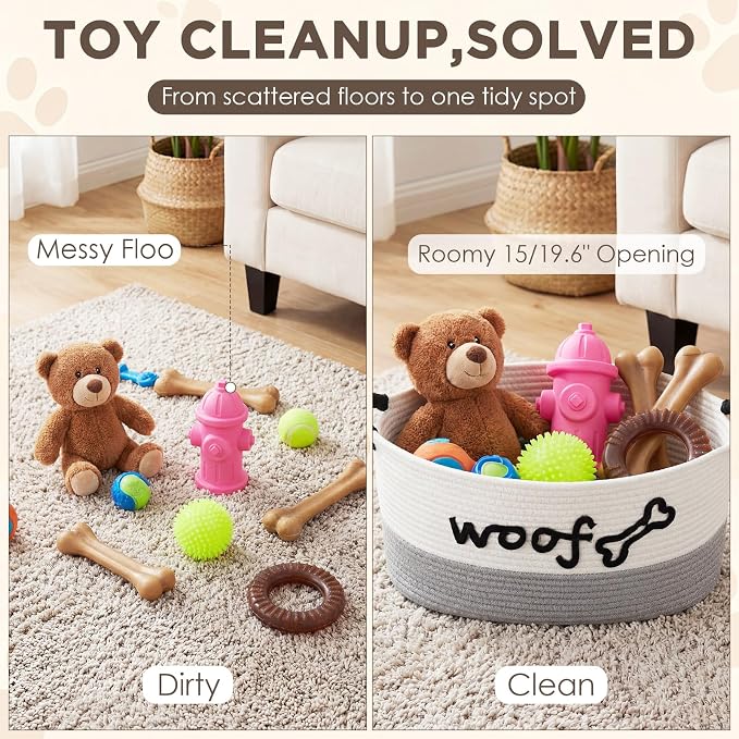Zhehao Dog Woven Toy Basket with Handles, 19 x 11 x 9 in, White Gray | Cotton Rope Dog Toy Storage Bin, Pet Basket with Woof Bone Embroidery, for Puppy Bone & Blankets