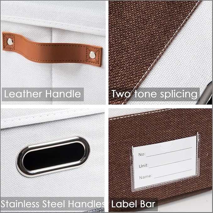 Foldable Storage Bins with Lids [3-Pack] Fabric Collapsible Storage Boxes Baskets Cubes Containers with Handles for Closet Living Room Bedroom (Brown & White 14.9x9.8x9.8'')