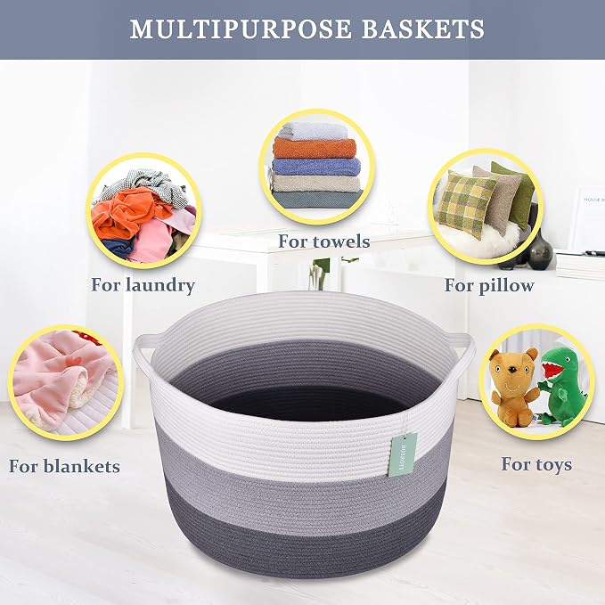 Large Cotton Rope Blanket Basket, 87L Laundry Hamper, White & Gray