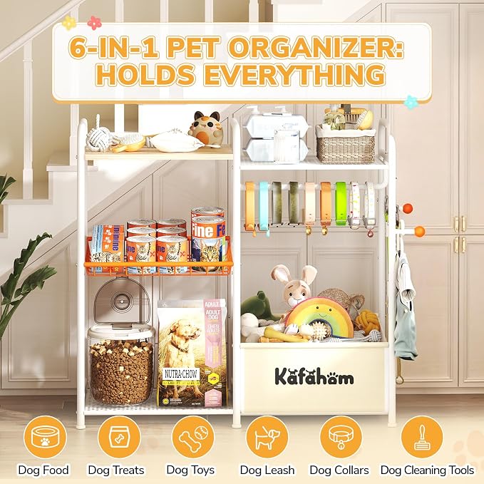 KAFAHOM Dog Toy Bin, Multi-Functional Dog Toy Basket with Collar Rod & Can Dispenser, Puppy Essentials Shelf, Dog Stuff Box, Perfect Basket for Dog Toys in Living Room, Great Gift for Pet Lovers