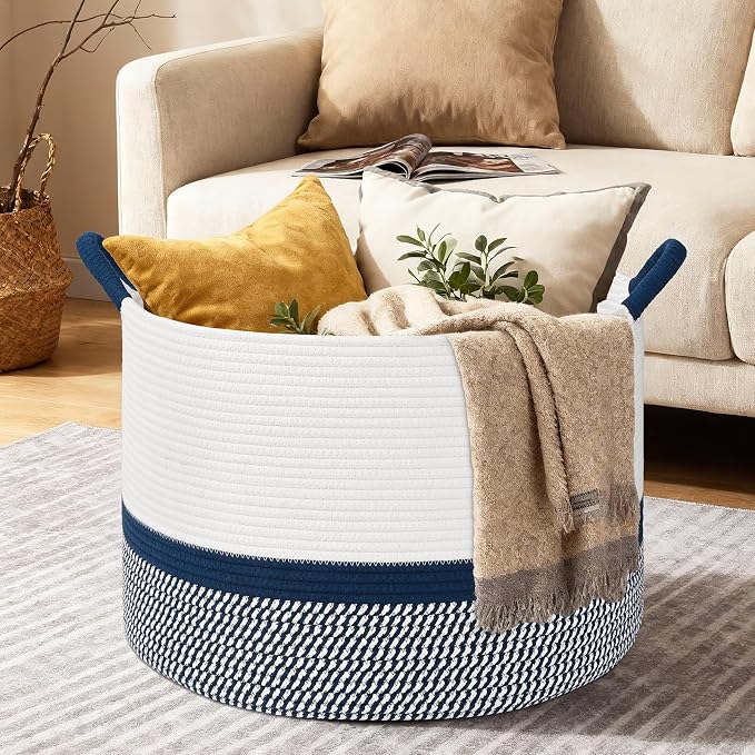 67L Large Blanket Basket, 20"x13" Blanket Basket Living Room, Woven Baskets With Handle, Toy Baskets for Blankets, Nursery, Dog, Pillow, Gift (White & Navy Blue)
