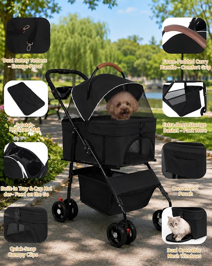 Pet Stroller, 3 in1 Foldable Dog Cat Stroller with Detachable Carrier-Black | 35lbs Lightweight Foldable Dog Stroller, All-Terrain 4 Wheels, Compact Travel Pet Stroller for Small to Medium Pets