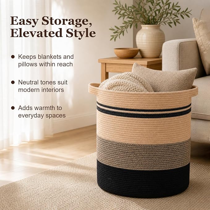 OIAHOMY 80L Laundry Baskets-Laundry Hamper,Storage Basket with Handles,Decorative Basket for Living room,Woven Storage Basket for Toys Bin,Pillows, Blankets,Clothes-20x18in-Yellow Black | Tall Dirty Clothes Hamper with Handle,Blanket Basket,Decorative ...