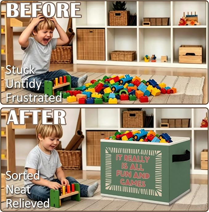 Green Kids Playroom Cube Storage Bins with Handles, Funny It Really Is All Fun and Games Collapsible Fabric Storage Basket Boxes Books Clothes Organizer for Kids Bedroom Playroom Bathroom