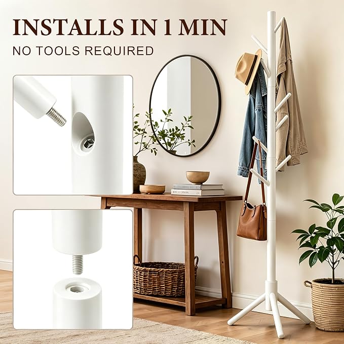 Wooden Coat Rack Freestanding | Coat rack with 8 Hooks & 3 Adjustable Sizes for Clothes, Space-Saving Design for Bedroom Office Entrance Holds Hats Coats