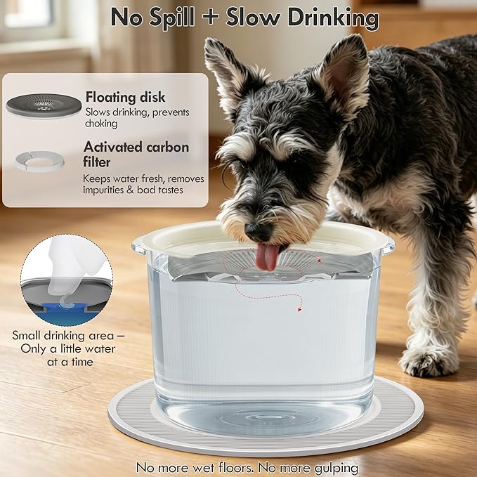 No Spill Ceramic Dog Water Bowl, Large Capacity Slow Drinking Bowl with Floating Disk & Filter, Heavy Duty Anti-Slip Bowl for Small to Medium Dogs, Cats & Multi-Pet Homes Indoor Outdoor