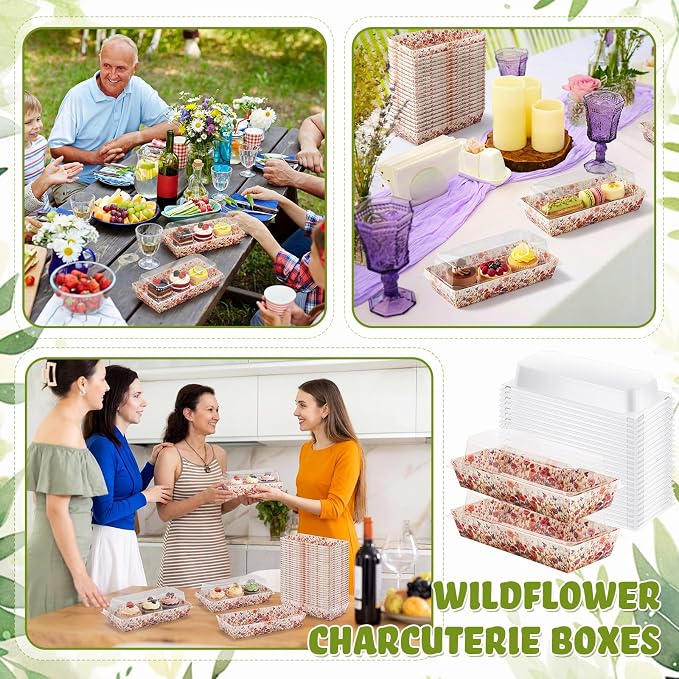 Bokon 50 Pcs Spring Wildflowers Charcuterie Boxes with Clear Lids, Wild Flower Cookie Boxes with Window, Floral Disposable Food Containers Candy Treat Gift Tins for Sandwich, Cookie, Sushi, Cake Slice