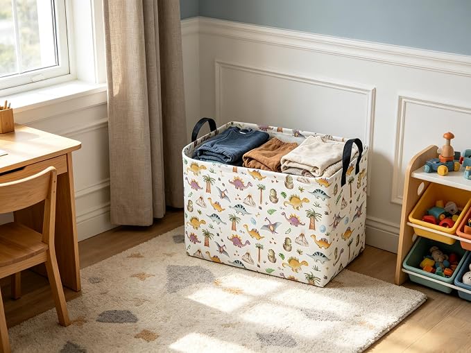 Sanjiaofeng Rectangular Dinosaur Baskets,Waterproof Foldable Dinosaur Basket with Handles,Nursery Hamper,Home Organizer,Books Box,Gift Baskets(Little Cute Dinosaurs)
