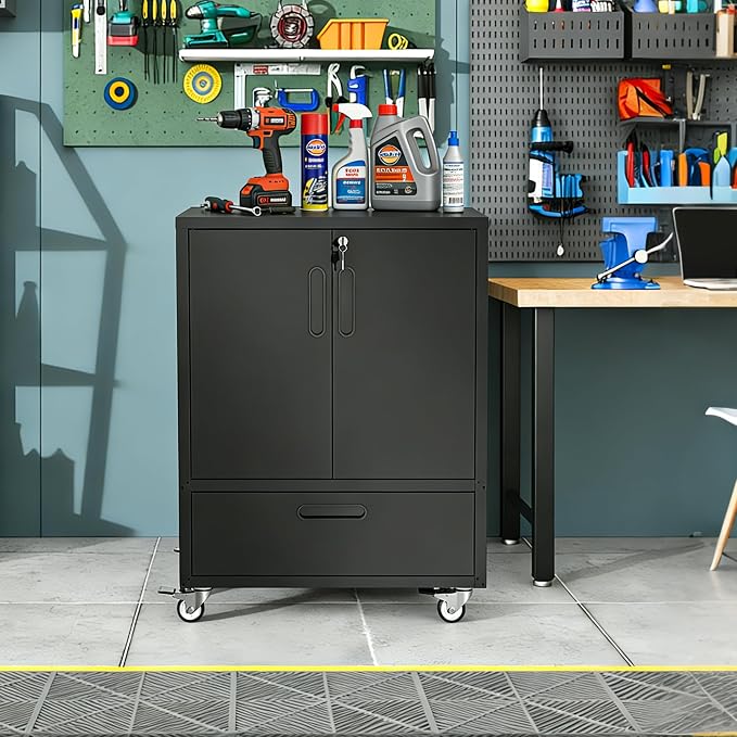 Metal Rolling Tool Storage Cabinet with 2 Locking Doors and 1 Drawer,Black | Heavy Duty Mobile Tool Cabinets for Garage,Metal Storage Cabinets with Wheels,Assembly Required