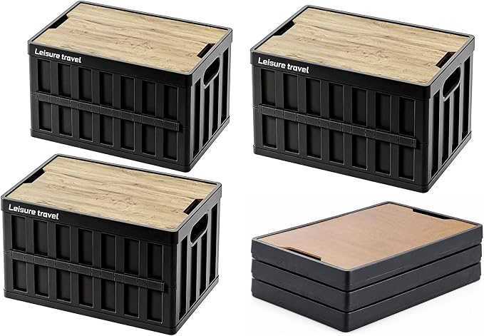 VIMI 50L Collapsible Storage Bins with Lids Stackable Utility Crates with Handles Plastic Large Folding Containers for Organizing Tools,Books,Food,Drinks,Camping&Transport (Black-3 Pack)