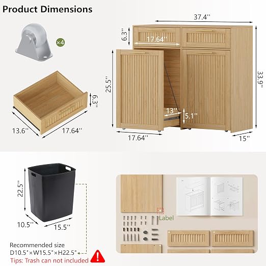 Double 13 Gallon Pull Out Trash Can Cabinet with Drawer, Garbage Cabinet | Pet Proof Hidden Trash Storage, Fluted Farmhouse Design, Space-Saving Kitchen Organizer, Dining Room Storage,Natural Oak