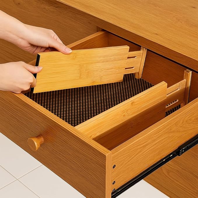 Bamboo Drawer Dividers 6 Pack with Non Slip Liner, Adjustable Expandable Drawer Organizer for Dresser, Kitchen, Bathroom, 4.5 Inch Tall Separators for Clothes, Fits 12 to 17.5 Inch Drawers