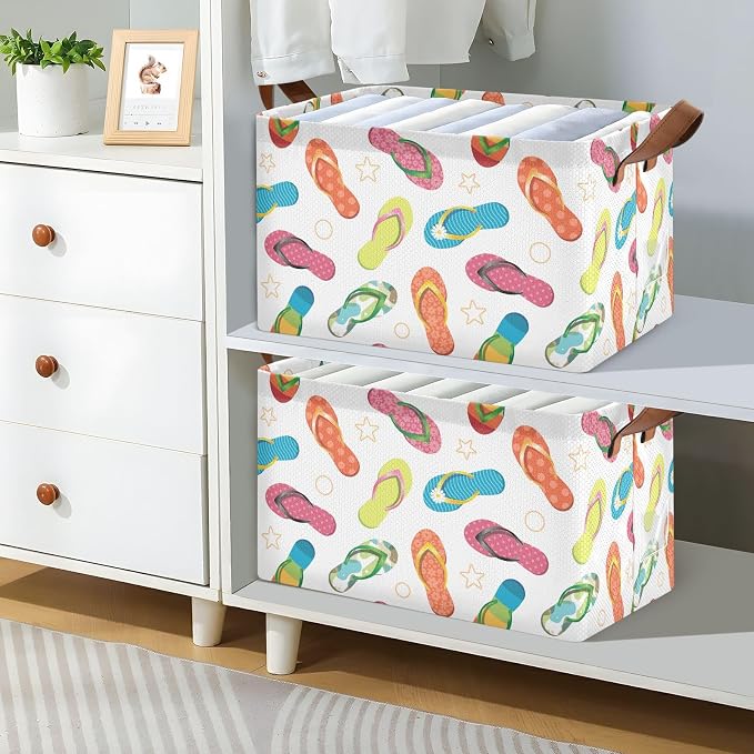 Beach Star Flip Flops Summer Slipper Storage Bins for Shelves with Labels&Handles Fabric Organizer Bin Foldable Rectangle Storage Basket Boxes for Closet, Bathroom, Home, Living Room, 2 Pack