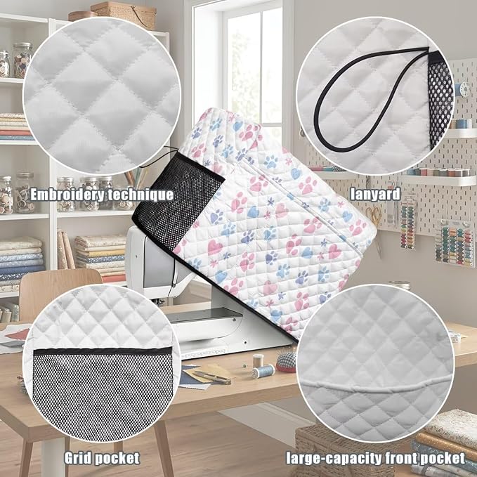 Sewing Machine Cover Polyester Febric Cute Paw Heart Print | Dust Pet Hair Protection,Quilting Design,Fits Standard Singer,Brother Janome Machines,Protecting Decorating Your Sewing Space