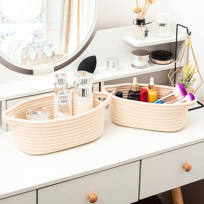 5-Piece Storage Baskets for Organizing, Small Woven Rope Baskets for Storage and Shelves, Dog Cat Toy Basket Box, Pantry Bathroom Organization Bins, Nightstand Organizer, Beige