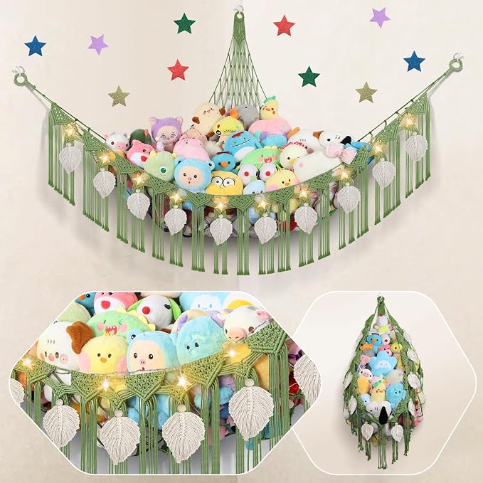 82.7x59x59 Inch Jumbo Stuffed Animal Storage Hammock Corner Toy Net, Green | Macrame Cream Leaf Stuffed Animal Net Organizer for Stuffy Plushie, Boho Handcrafted Plushies Storage Holder w/Star Lights