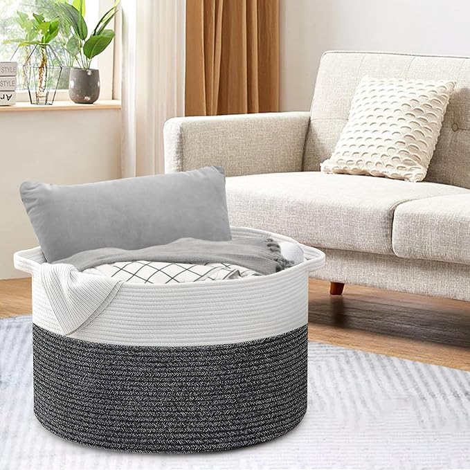 MEGASKET Large Throw Blanket Basket, 22" X 22" X 14" XXXL Blanket Holder for Living Room, Big Wicker Baskets for Storage, Woven Cotton Rope Kids Toy Box, Throw Pillow Holder Organizer Bin